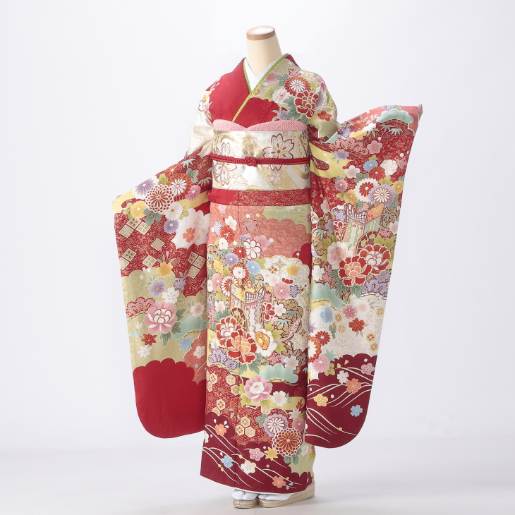 振袖 購入 フルセット LLサイズ 成人式 着物 【赤・ワイン系】【中古】【状態:A】【f0721100】