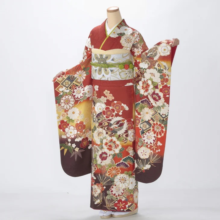 振袖 購入 フルセット Mサイズ 成人式 着物 【赤・ワイン系】【中古】【状態:A】【f0723049】