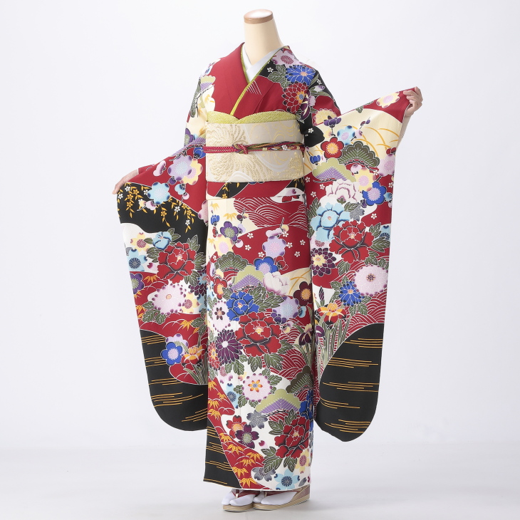 振袖 購入 フルセット Lサイズ 成人式 着物 【赤・ワイン系】【中古】【状態:A】【f0920092】