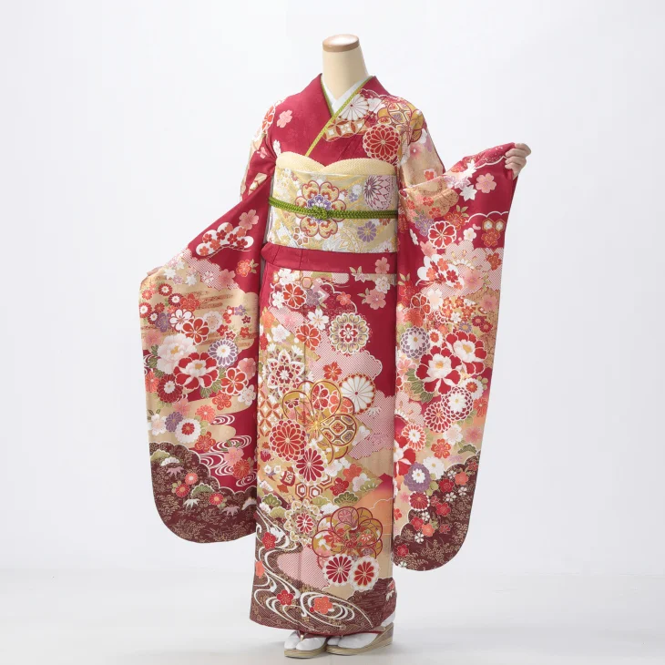 振袖 購入 フルセット Mサイズ 成人式 着物 【赤・ワイン系】【中古】【状態:A】【f0921156】