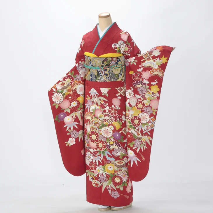 振袖 購入 フルセット Mサイズ 成人式 着物 【赤・ワイン系】【中古】【状態:A】【f1013001】