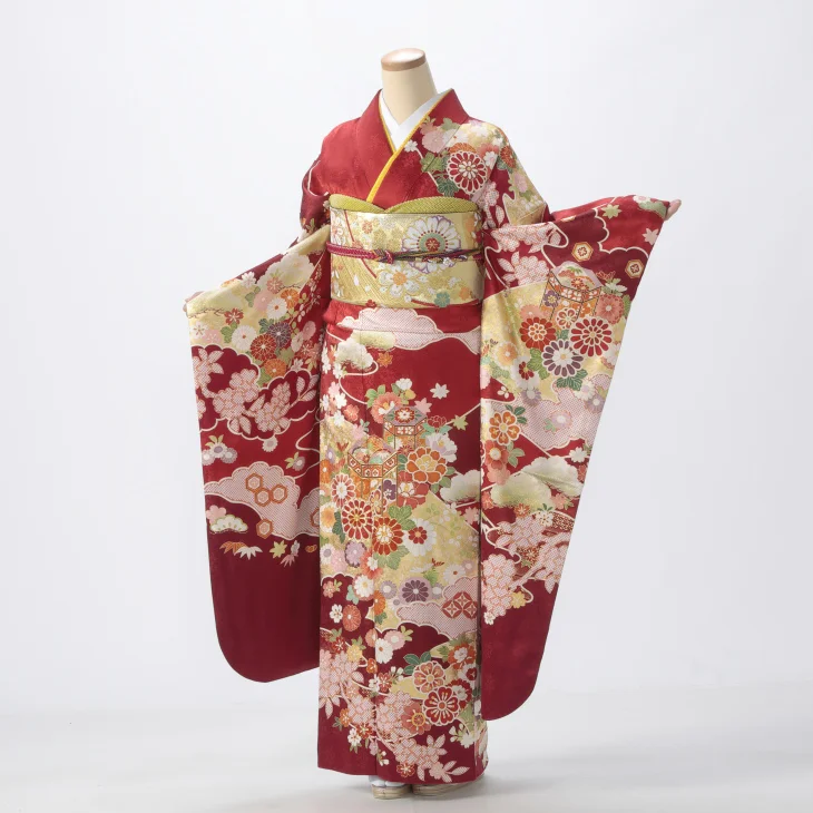 【成人式期間外】振袖 レンタル フルセット Lサイズ 着物 【赤・ワイン系】【状態:S】【f1124012r】