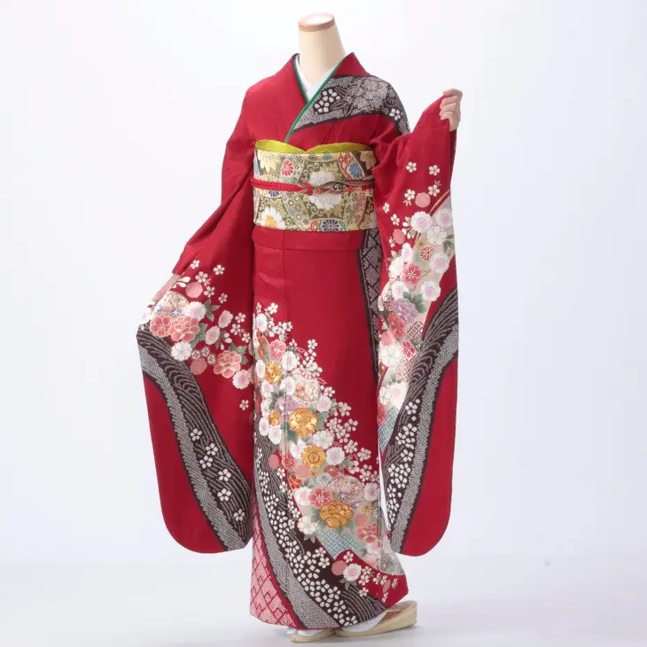 【成人式期間外】振袖 レンタル フルセット Lサイズ 着物 【赤・ワイン系】【状態:A】【f1220003r】
