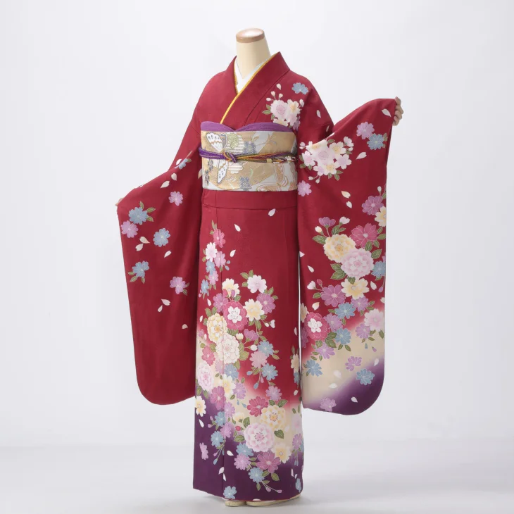 振袖 購入 フルセット Sサイズ ほぼ新品 成人式 着物 【赤・ワイン系】【中古】【状態:S】【f8024054】