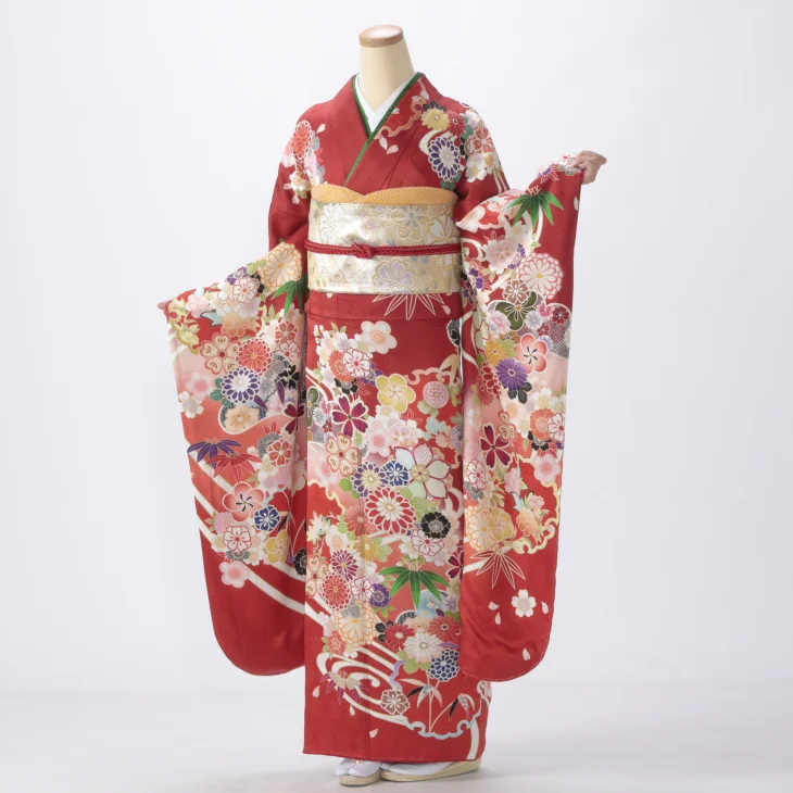 振袖 購入 フルセット LLサイズ ほぼ新品 成人式 着物 【赤・ワイン系】【中古】【状態:S】【f8024081】