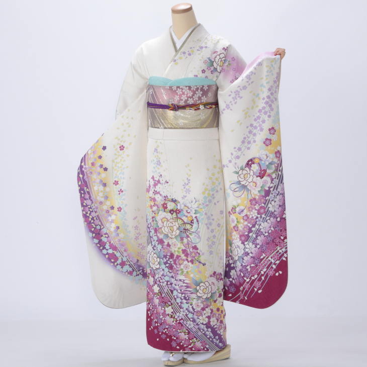 振袖 購入 フルセット Lサイズ 成人式 着物 【白・グレー系】【中古】【状態:A】【f0110300】