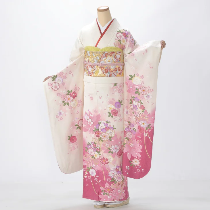 振袖 購入 フルセット Lサイズ 成人式 着物 【白・グレー系】【中古】【状態:A】【f0215073】