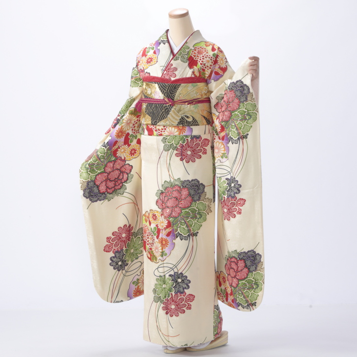 【袴プレゼント対象】振袖 購入 フルセット Lサイズ 成人式 着物 【白・グレー系】【中古】【状態:A】【f0518077】