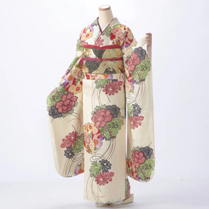 振袖 購入 フルセット Lサイズ 成人式 着物 【白・グレー系】【中古】【状態:A】【f0518077】