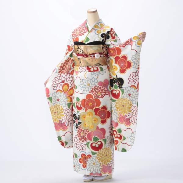 振袖 購入 フルセット Mサイズ 成人式 着物 【白・グレー系】【中古】【状態:A】【f0519016】