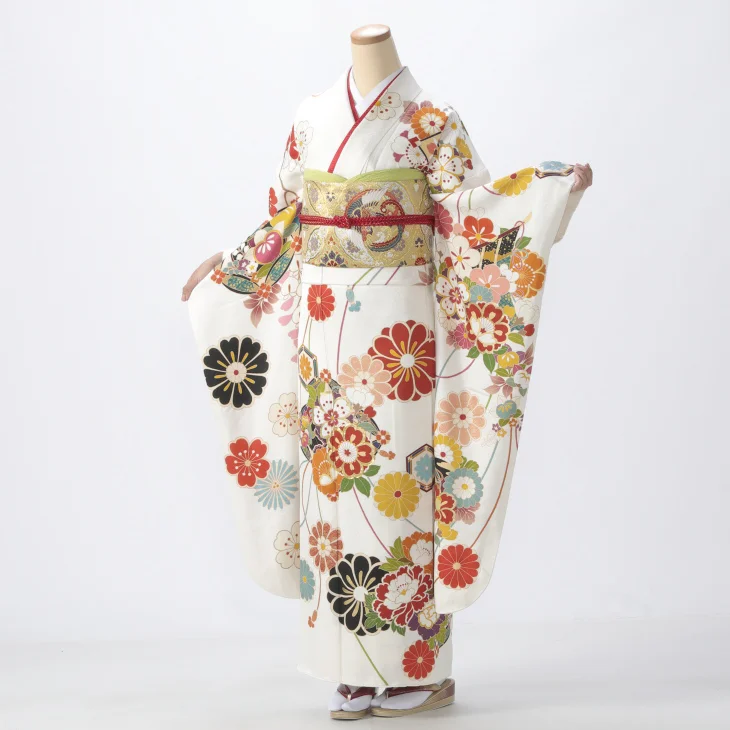 【袴プレゼント対象】振袖 購入 フルセット Mサイズ 成人式 着物 【白・グレー系】【中古】【状態:S】【f0524068】
