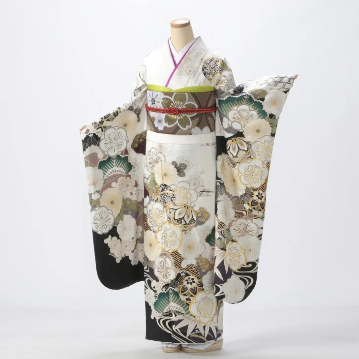 振袖 購入 フルセット Mサイズ 成人式 着物 【白・グレー系】【中古】【状態:S】【f0525392】