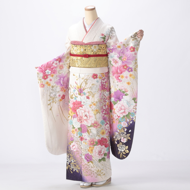 振袖 購入 フルセット Lサイズ 成人式 着物 【白・グレー系】【中古】【状態:A】【f0715041】