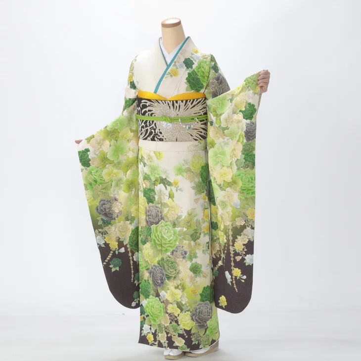 振袖 購入 フルセット Lサイズ 成人式 着物 【白・グレー系】【中古】【状態:A】【f0717082】