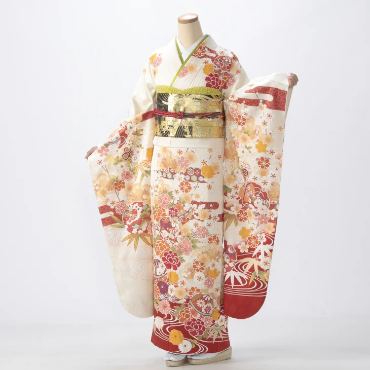 【成人式期間外】振袖 レンタル フルセット Lサイズ 着物 【白・グレー系】【状態:A】【f0720038r】