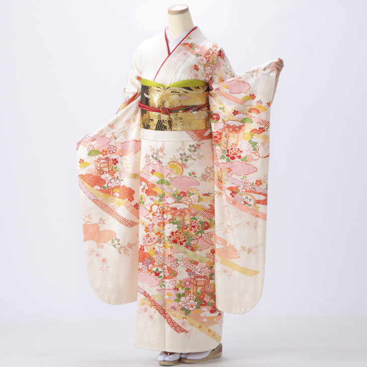 振袖 購入 フルセット Lサイズ 成人式 着物 【白・グレー系】【中古】【状態:S】【f0723131】