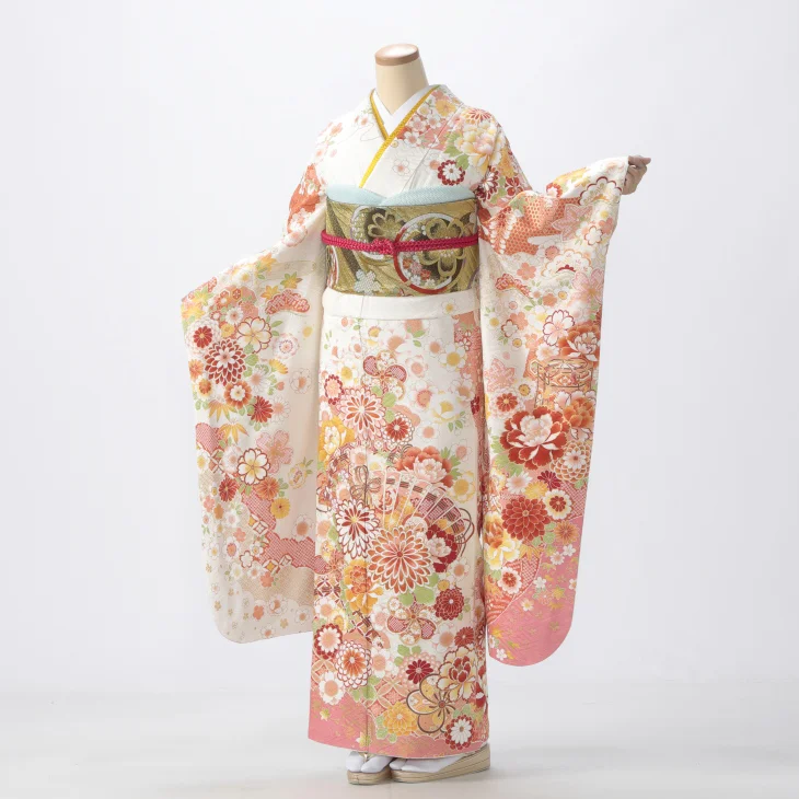 振袖 購入 フルセット Mサイズ 成人式 着物 【白・グレー系】【中古】【状態:S】【f0724414】