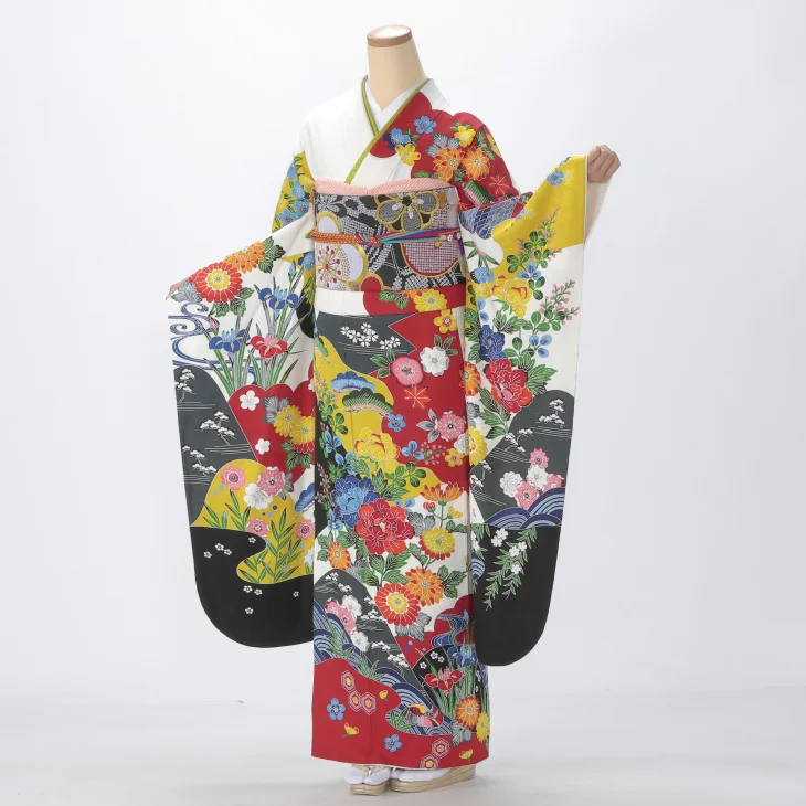 振袖 購入 フルセット Mサイズ 成人式 着物 【白・グレー系】【中古】【状態:A】【f0820041】