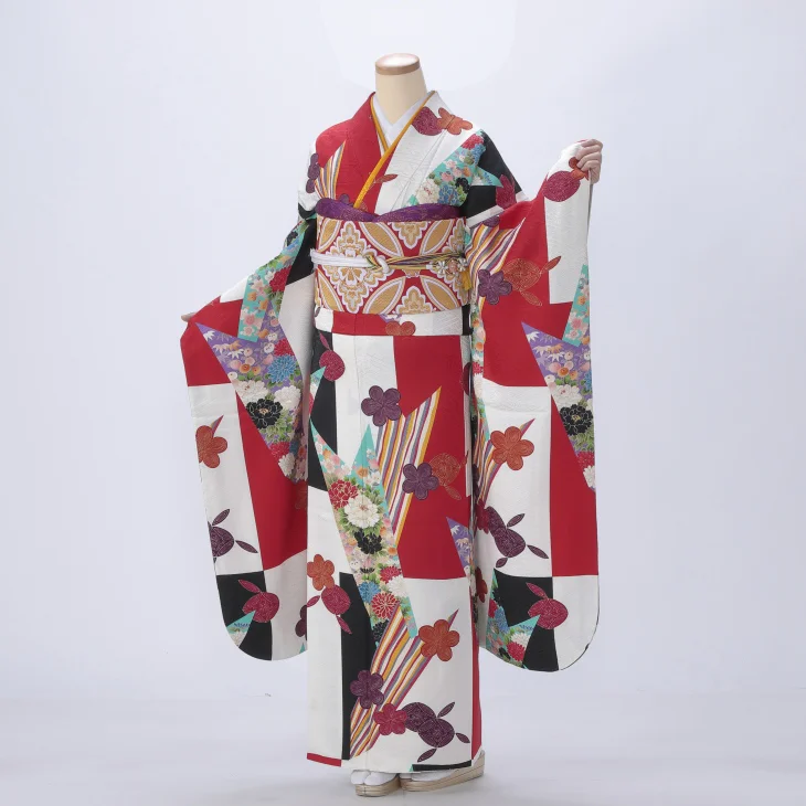 振袖 購入 フルセット Mサイズ 成人式 着物 【白・グレー系】【中古】【状態:A】【f0821016】