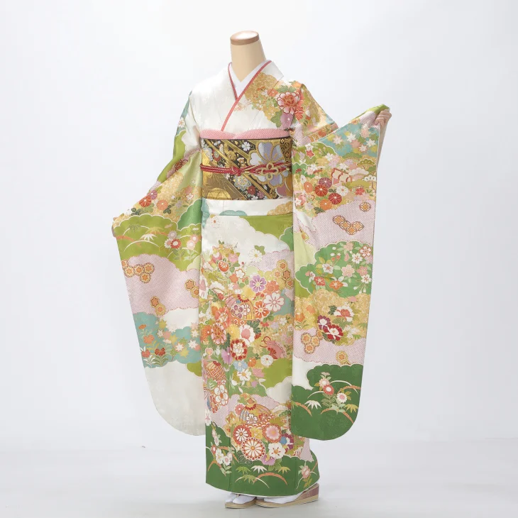 【成人式】振袖 レンタル フルセット Mサイズ 着物 【白・グレー系】【f1118005r2】