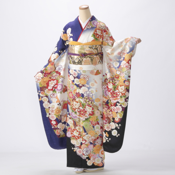 振袖 購入 フルセット LLサイズ ほぼ新品 成人式 着物 【白・グレー系】【中古】【状態:S】【f8024090】