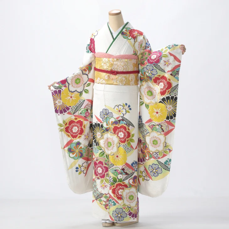 振袖 購入 フルセット LLサイズ ほぼ新品 成人式 着物 【白・グレー系】【中古】【状態:S】【f8024092】