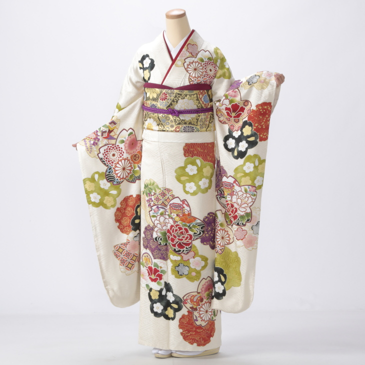 振袖 購入 フルセット LLサイズ ほぼ新品 成人式 着物 【白・グレー系】【中古】【状態:S】【f8024104】