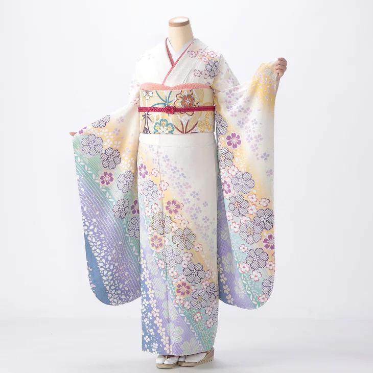 【成人式期間外】振袖 レンタル フルセット Mサイズ ほぼ新品 着物 【白・グレー系】【状態:S】【f8025005r】