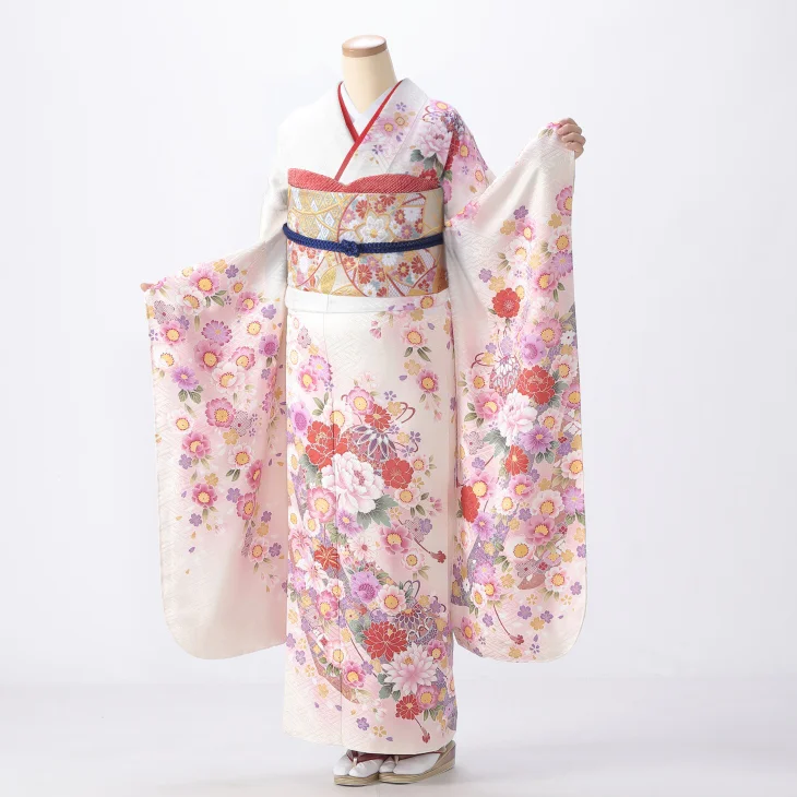 振袖 購入 フルセット Mサイズ ほぼ新品 成人式 着物 【白・グレー系】【中古】【状態:S】【f8025033】