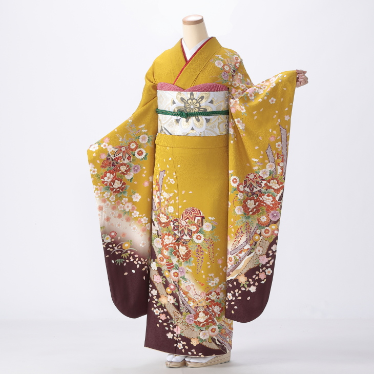 【成人式期間外】振袖 レンタル フルセット Lサイズ 着物 【からし・黄系】【状態:S】【f0524462r】